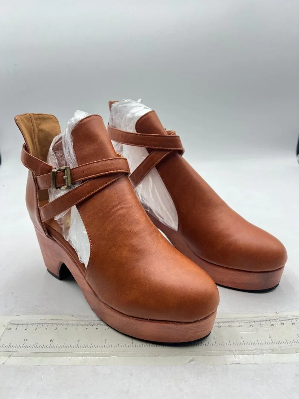 Brown Womens Platform Round Toe Cutout Strap Buckle Cork Block Heel  Ankle Boot